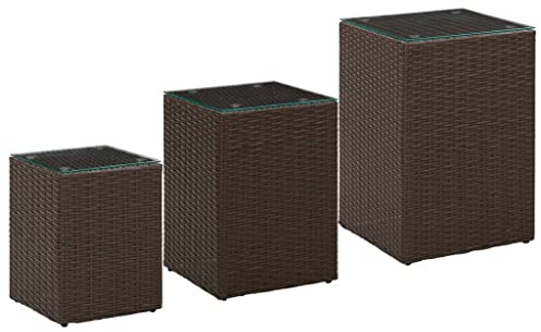 vidaXL Beistelltisch 3-TLG. mit Glasplatten Couchtisch Teetisch Esstisch Wohnzimmertisch Kaffeetisch Sofatisch Gartentisch Braun Poly Rattan