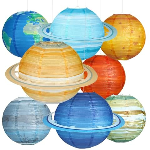 Fontien 8pcs Planet Paper Lanterns, 12 Inch Outer Space Party Decorations