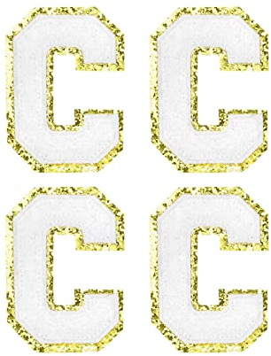 sourcing map 4 Stück Buchstaben zum Aufbügeln, Selbstklebende Chenille Buchstaben C mit Gold Rand, Gestickter Patch zum Aufbügeln für Kleidung, Tasche, Stoffe, Handyhülle(Weiß)
