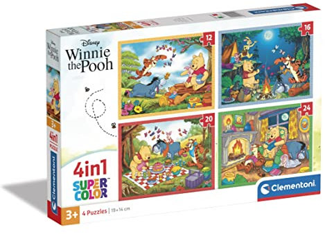 Clementoni - 21514 - Supercolor Puzzle 4 In 1 - Disney Winnie The Pooh - Puzzle 12,16,20,24 Teile Ab 3 Jahren, Buntes Kinderpuzzle Mit Besonderer Leuchtkraft, Geschicklichkeitsspiel Für Kinder