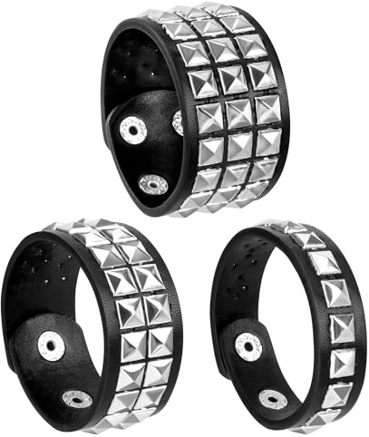 Newellsail Pulseras de Punk de Cuero con Tachuelas Gótica Remaches Ancha de Punk Rock Negra Brazaletes con Botón a Presión para Hombres y Mujeres, Halloween Accesorios 3 Piezas (Negro)