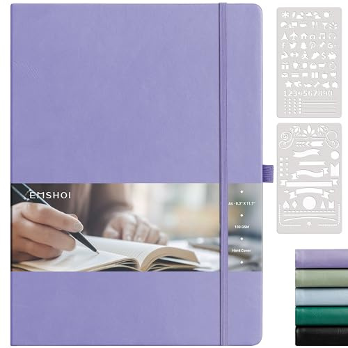 EMSHOI Dotted Journal Notebook, 192 Pages, A4 Large 8.5x11, PU Leather Hardcover, 100 GSM Thick Paper, 5mm Dot Grid Notebook for Journaling, Planning, Drawing, Writing, Purple