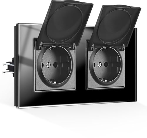 CNBINGO Wasserdicht Steckdose mit Klappdeckel, Krallen, 2-Fach Schwarz Glas | Schuko Doppelsteckdose Unterputz mit Deckel, Schutzkontakt Wandsteckdose mit Kindersicherung, Glasrahmen, 16Amp 250V