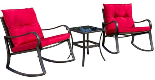 BESTXH SchaukelstüHle FüR DraußEn Mit Dickem Kissen Und Couchtisch Mit Glasplatte, Wohnen Im Freien 3-Teiliges Bistro-Set, Allwetter-Terrasse KorbmöBel-Set, FüR Garten, Bistro,Rot