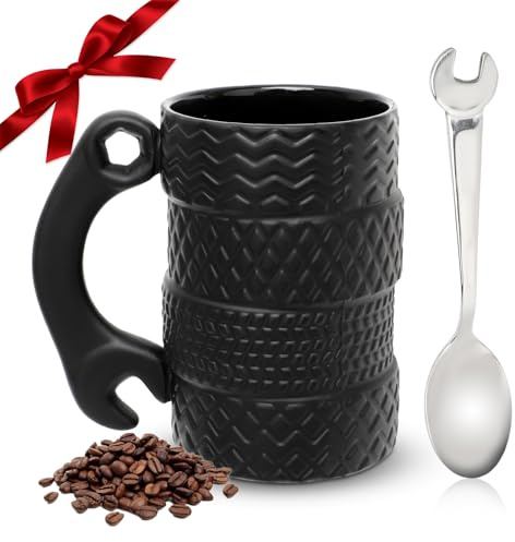 Yuragim Reifentasse mit Löffel & Griff, 3D Autotasse Werkzeugtasse 500ml Kaffeetasse Keramik für Büro Zuhause, Geburtstag Valentinstag Vatertag Geschenke für Männer Papa Autoliebhaber Mechaniker Ihn