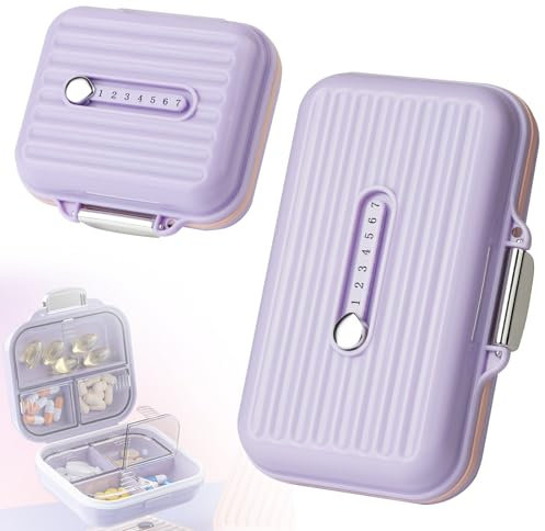 AOGOE 2 PCS Pastillero Caja, Caja de Pastillas con 7 Compartimentos, Pastillero Portátiles de Viaje, Pastillero Diario Bolsillo, Pastillero Semanal para Medicamentos y Vitaminas (S+L, Púrpura)