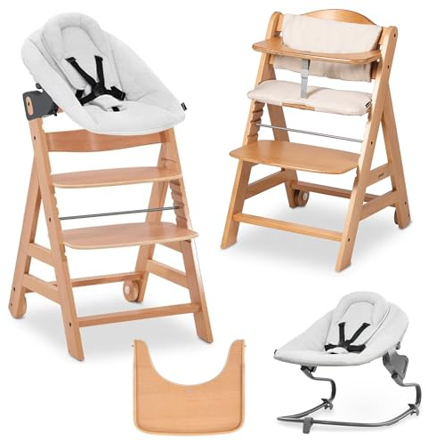 hauck Seggiolone Beta+ Newborn Set Premium da 0 Mesi - Seggiolone Legno Evolutivo, con Sdraietta Neonati (Dondolo Neonati), Cuscino Seduta, Vassoio - (Sdraietta: Grigio chiaro, Naturale)