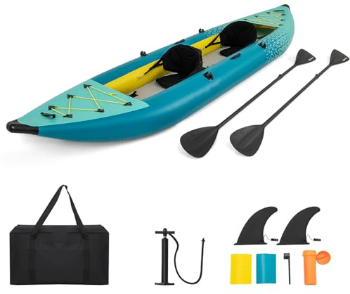 HOMASIS Kayak Gonfiabile 2 Posti in PVC, Canoa Gonfiabile con 2 Pagaie Regolabili, Borsa per il Trasporto, Pompa a Mano e Kit di Riparazione, Gommone Mare per Adulti, 382 x 94 x 40 cm (Verde Anatra)