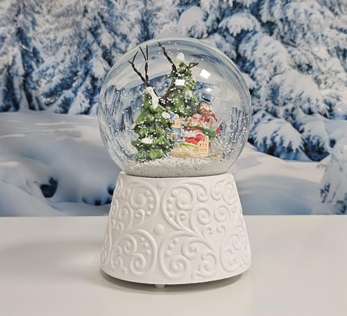 Schneekugel Weihnachten mit Musik | Winterspaziergang mit Familie | Sockel weiß Nostalgie | H: 14cm B: 10 cm | Schüttelkugel Weihnachten Winter mit Spieluhr | 20150