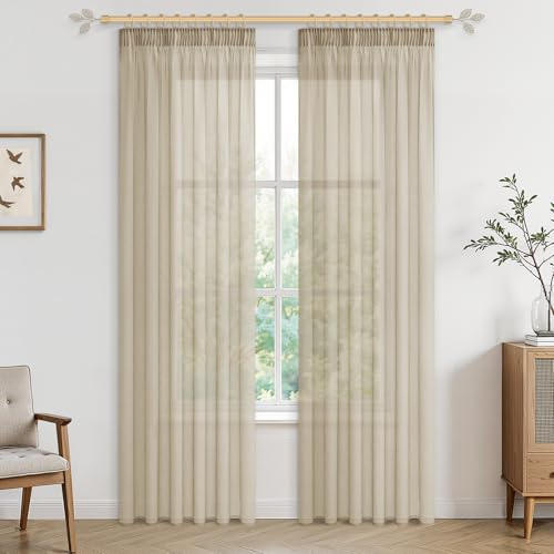 CUTEWIND Rideau Beige pour Rail Coulissant au Plafond 140x225cm (LxH) Lot de 2, Voilage Beige Bohème Léger et Élégant pour Salon Moderne, Chambre et Chambre Enfant avec Ruflette