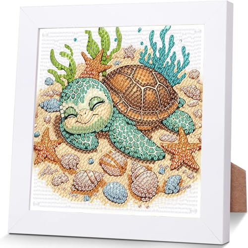 luckyarina Schildkröte Diamond Painting Kinder Mit Rahmen - Diamont Art Bilder Schildkröten, Tiere Diamond Painting Kinder ab 4 6 8 10 Jahreals Geschenk für Home Wand Décor (18X18 CM)