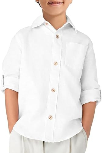 Haloumoning Camicia da ragazzo in cotone, a maniche lunghe, per il tempo libero, per bambini, tinta unita, facile da stirare, button down shirt casual, per feste, con tasca sul petto, bianco, 7-8 Anni