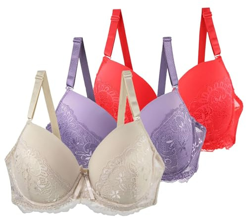 3 Pcs Push Up Lace Bras for Women Sexy Plunge Padded Underwire Support Bra Lift Up Full Coverage Bralettes Comfort Underwear