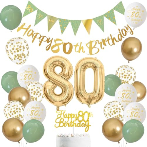 80 Jahre Geburtstag Dekoration für Männer und Frauen – Salbeigrün, Weiß und Gold Luftballons mit ‚Happy Birthday‘-Banner, Zahl 80 Ballon und Tortenaufleger für 80 Jahre Geburtstagsfeier-Deko (80)