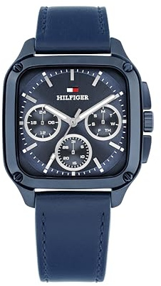Tommy Hilfiger Reloj de cuarzo multifunción para hombre, caja de 37 x 39 mm, correa de piel de becerro, diseño inspirado en el deporte, regalo para él