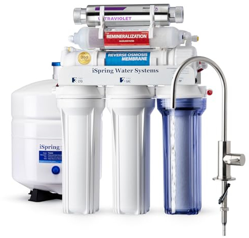 iSpring RCC2AK-UV, Upgraded 200 GPD, UV pH+ Reverse Osmosis System, 7-Stage RO Water Filtration System with Alkaline and UV Filter, Patented Top-Mounted Faucet Design for Easy DIY Installation