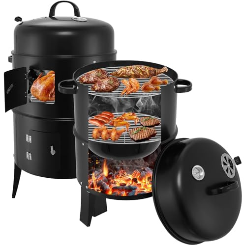 Charcoal BBQ Grill, Heavy Duty 3-in-1 Barbecue Smoker Grill Stove with Adjustable Vent, Built-in Thermometer, Smoker BBQ for Outdoor Picnic Garden Terrace Camping Travel Cooking and Grilling