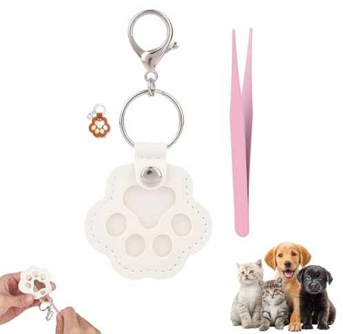 Porte-Clés Commémoratif en Cuir pour Animaux de Compagnie, Mignon Porte-Clés Commémoratif en Forme Patte avec Pince à Épiler Souvenir de Stockage Poils Chien Chat pour Amoureux Chiens Chats (Blanc)