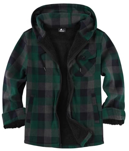 geeksport Men's Fleece Flannel Jacket Full Zip Padded Lumberjack Warm Plaid Hoodies with Sherpa Lining Winter Coat for Outdoor & Casual Wear
