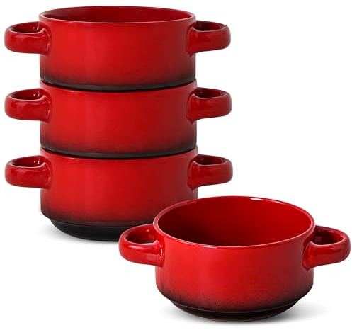 Tyxauk French Onion Soup Bowls with Handles, Oven & Microwave Safe, Set of 4 28 Oz Porcelain Soup Bowls for Chili, Stew, Pasta, Pot Pies – Stackable, Dishwasher Safe, Durable Ceramic Dinnerware