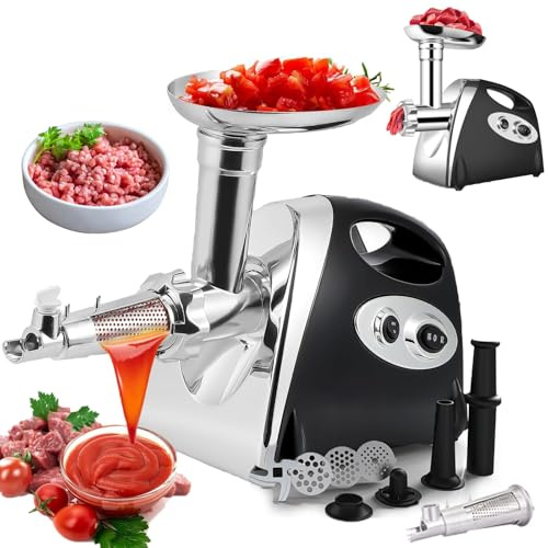 Picadora de Carne Eléctrica, Colador de Tomate, Embutidora de Salchichas con 3 Placas y Tubos para Embutir Salchichas y Kit de Kubbe, Embutidora de 1000W para Uso en Cocina Hogareña