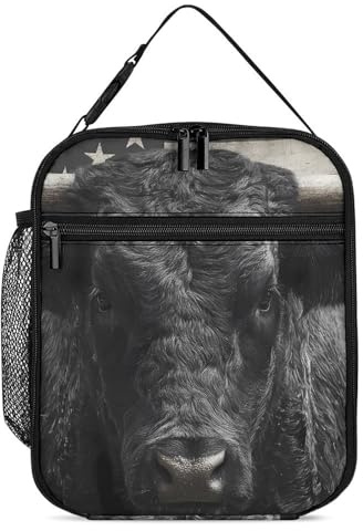U.S.A. Flag Bull Head And Horns Women's Lunch Bag for Men Insulated Meal Box with Side Pocket Work Travel