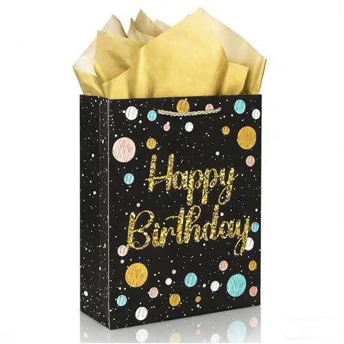 Ssyuysto Geschenktüte zum Geburtstag, 33 cm, Schwarz und Gold, Happy Birthday, mit goldfarbenem Seidenpapier, Geschenkanhänger, Party-Geschenktüte mit goldfarbenen Seilgriffen für Damen, Herren