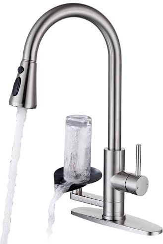 HAMOLER Kitchen Faucet with Glass Rinser Single Handle Pull Down Kitchen Sink Faucet with Cup Washer 1 or 3 Hole Glass Rinser Faucet for Kitchen Sink, Brushed Nickel