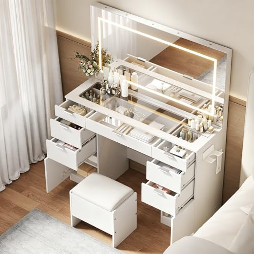 INMOZATA White Dressing Table, 3-Color Dimmable LED Mirror, 9 Drawers Vanity Desk with Stool, USB Outlet & Hair Dryer Rack, 117x40x142cm