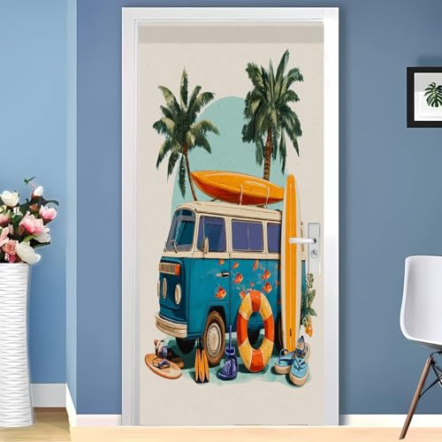 Vattentät dörrposter/dörrfolie 80 x 210 cm tecknad husbil, självhäftande dörrklistermärke, beige dörrdekoration och dörrtapet för sovrum, vardagsrum och badrum