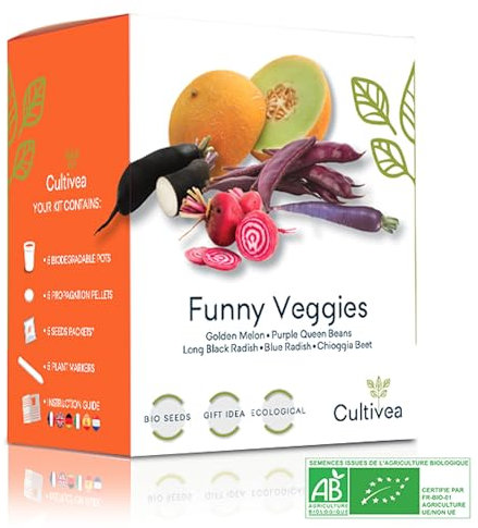 Cultivea – Funny Veggies Mini Growing Kit – 100% Organic Seeds - Grow, Decorate and Taste - Gift Idea (Golden Melon, Purple Queen Beans, Long Black Radish, Blue Radish, Chioggia Beet)