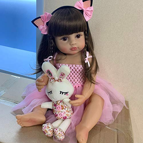 RXDOLL Bambole Reborn in vinile di silicone per ragazze, impermeabile, con vestito rosa, occhi aperti, regalo di compleanno e Natale, 55 cm