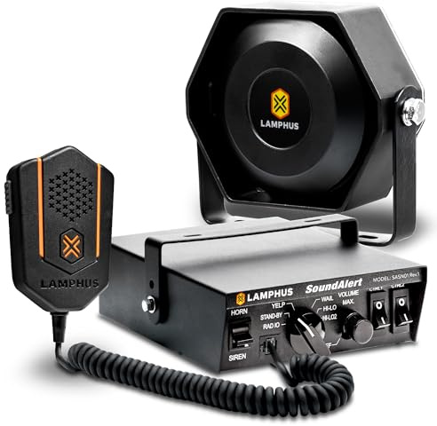 SoundAlert 12V 100W Police Siren PA System Kit [118-124dB Slim Speaker] [2 x 16A Aux Switch] [Hands-Free Air Horn] [PTT Mic] [Radio Rebroadcast] Warning Emergency Siren for Fire Tow Food Truck UTV ATV