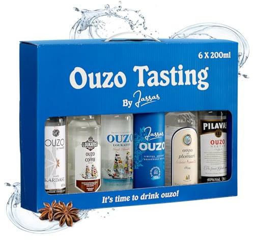 Jassas Ouzo Tasting Set 6x200ml Variante 1 - Probierset mit 6 Sorten - feinste Spirituosen in praktischer Geschenkbox - traditioneller Familienbetrieb