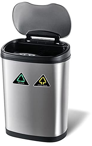 Papelera de sensor de reciclaje for residuos de cocina, tapa de detección automática de movimiento, capacidad de basura 42L, 2 compartimentos de reciclaje, cuerpo metálico con acabado de acero inoxida