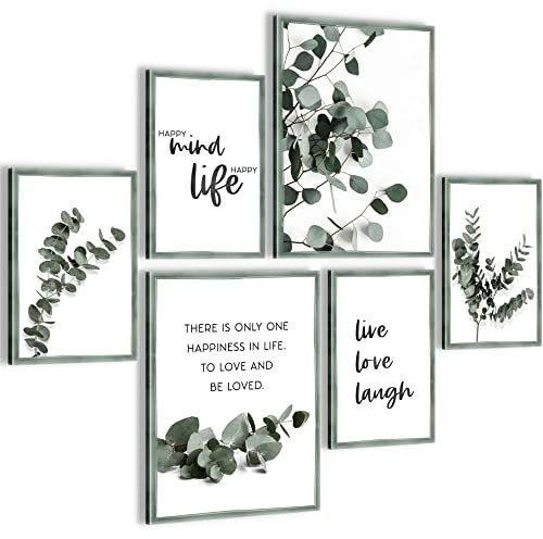 Novart Wandbilder Set Eukalyptus Pflanze Grüne Blätter - KEIN EXTRA RAHMEN BENÖTIGT - Modern Deko - Wohnzimmer Schlafzimmer N003763b