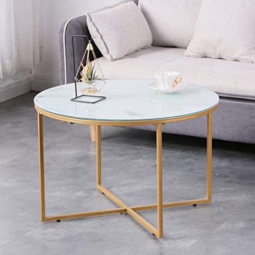 GOLDFAN Marble Coffee Table Round Glass Living Room Table with Gold Metal Frame Modern End Side Sofa Table, White