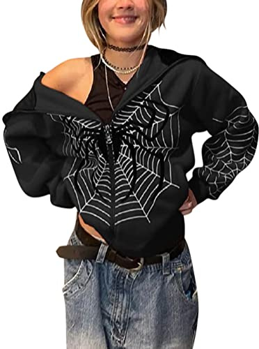 Minetom Damen Kapuzenpullover Spinne Print Zip Up Hoodie Langarm Oversized Lose Sweatshirt Kapuzenjacke mit Taschen Sweatjacke Vintage 90er Y2K E-Girl Harajuku Paare Unisex