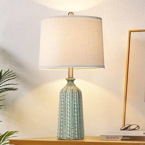 JUNNAI Green Ceramic Table Lamp 24.5: 3-Way Dimmable Nightstand Lamp with White Drum Lamp Shade | Modern Bedside Lamp for Bedrooms & Living Room (Bulb Included)