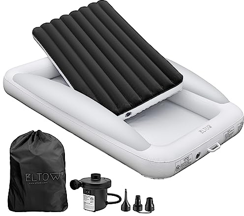 ELTOW Toddler Blow-Up Mattress with Sides, Inflatable Toddler Travel Bed with Safety Bumpers, Portable Kids Air Mattress for Travel, Complete Set with High-Speed Pump & Carry Bag - Black