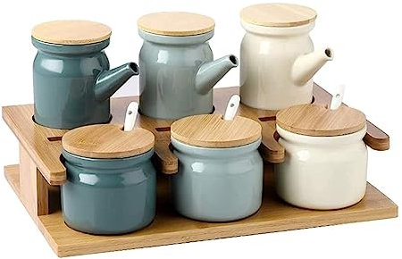 NTIYOU Distributeur d'huile et de vinaigre Distributeur d'huile et de vinaigre, Bouteille d'huile en céramique Bouteille de Sauce soja en céramique avec Palette en Bois Distributeur d'huile