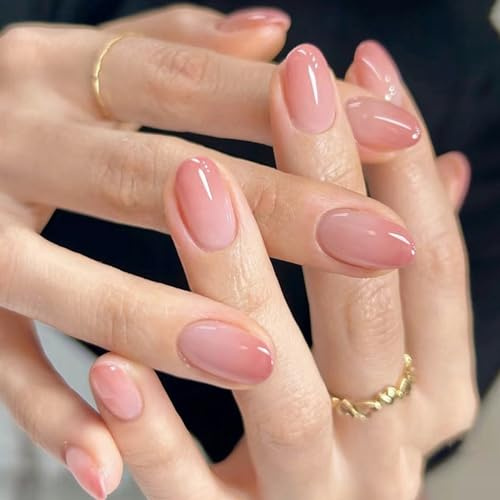 24 Stück Press on Nails Mandel Kurz, Rosa Gradient Nägel Zum Aufkleben French Tip Kunstnägel Press on Nails mit Design, Oval Acryl Künstliche Nägel Fingernägel Fake Nails für Frauen und Mädchen