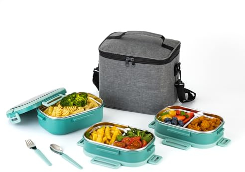 Lille Home Lonchera Bento de acero inoxidable de 3 niveles, contenedor de almuerzo a prueba de fugas de 2.45 L con 5 compartimentos para adultos y niños (Verde)