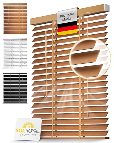 Sol Royal Holzjalousie 50 mm Lamellen extra breit – Fensterjalousie 80x180 cm Holzrollo einfache Montage Wand & Decke – Blickschutz Jalousie Fenster & Tür Massivholz Echtholz Rollo Eichenoptik – BE5