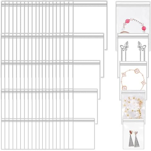 KSJEHW 100 Piezas Bolsas de Plástico Transparente para Joyas, Autoselladas Impermeables Bolsas Ziplock Reutilizables para Joyería con Cierre Anti Oxidación para Collares Aretes Anillos(5 Tallas