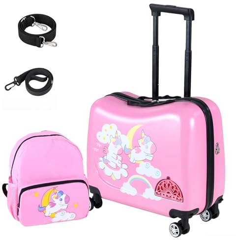 DREAMADE Valise Enfant à roulettes 18 et Sac à Dos 12 avec Repose-Pieds&Coque Rigide,Bagage à Main Enfant 3+Ans avec Bandoulière Réglable pour Fille et Garçon，Charge 50KG+8KG (Licorne+Lune)