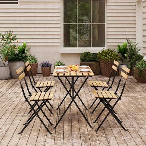casa.pro Set Mobili da Giardino Tavolo e 4 Sedie Pieghevoli Arredo da Esterno Set Pranzo da Patio Balcone Terrazza - Acciaio Nero/Legno di Acacia