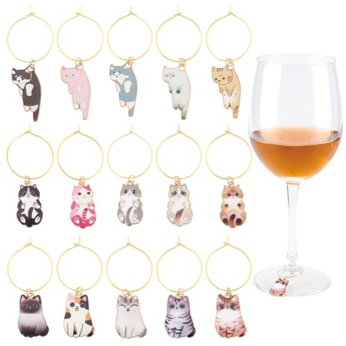 PH PandaHall 15 Styles Weinglas Anhänger Mit Katzenmotiv Weinmarker Für Stielgläser Getränkemarker Mit Tiermotiv Mit Ring Für Weinprobe Hochzeit Geburtstag