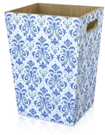Whemyreat Corbeille à papier en bois véritable,Chinoiserie Style porcelaine bleue et blanche,Pour bureau,salle de bain,salon,chambre à coucher et plus encore,Pas de montage nécessaire