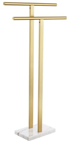 KOKOSIRI Standing Towel Rack for Bathroom Floor 2-Tier Towel Holder Free Stand with Heavy Marble Base Thicken Steady Design Gold Stainless Steel THS0005-BG
